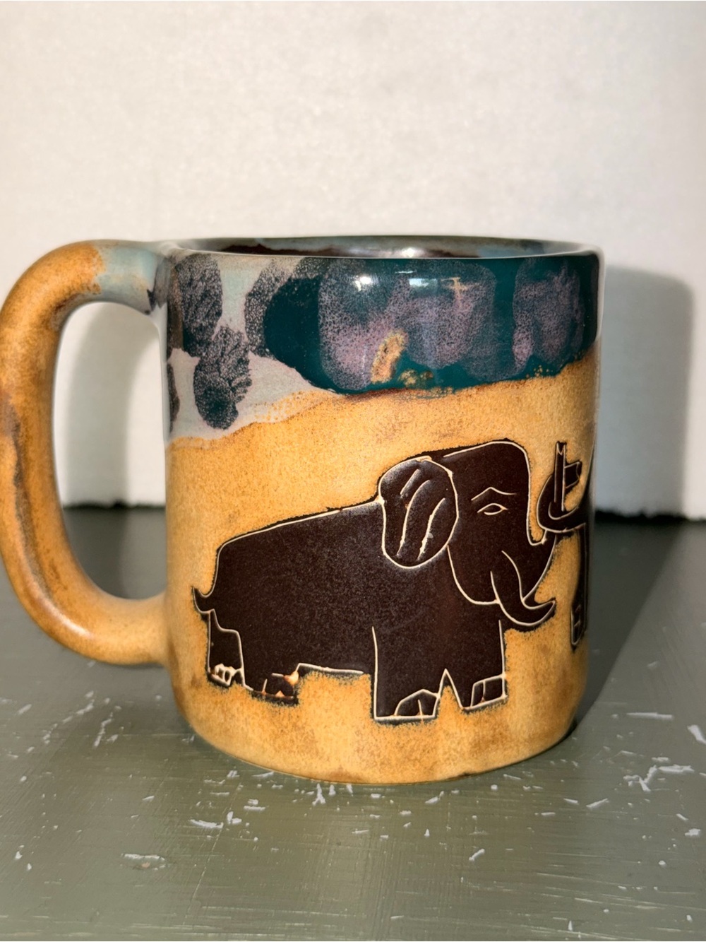 Mara Mexico Stoneware / Pottery 16oz Coffee Mug Elephant Family Artist Signed